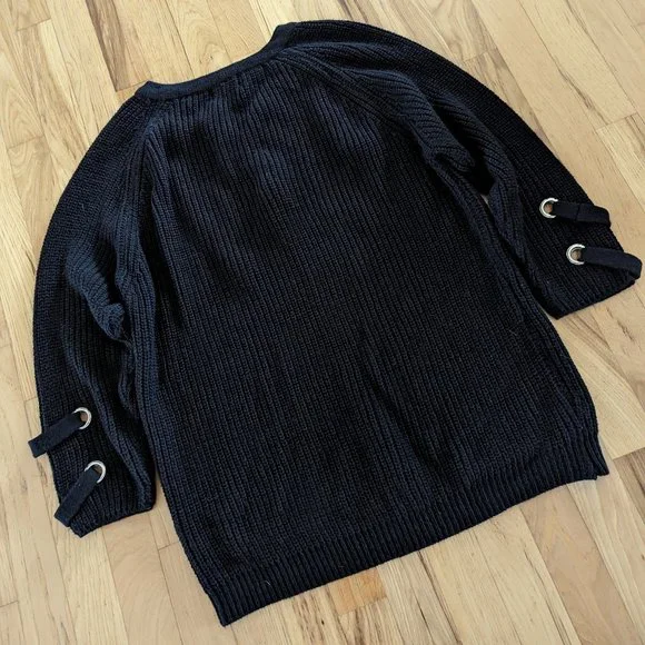 Love + Harmony V-Neck Long Sleeve Lace Up Sweater Cable Knit Black XS/S - Picture 8 of 9